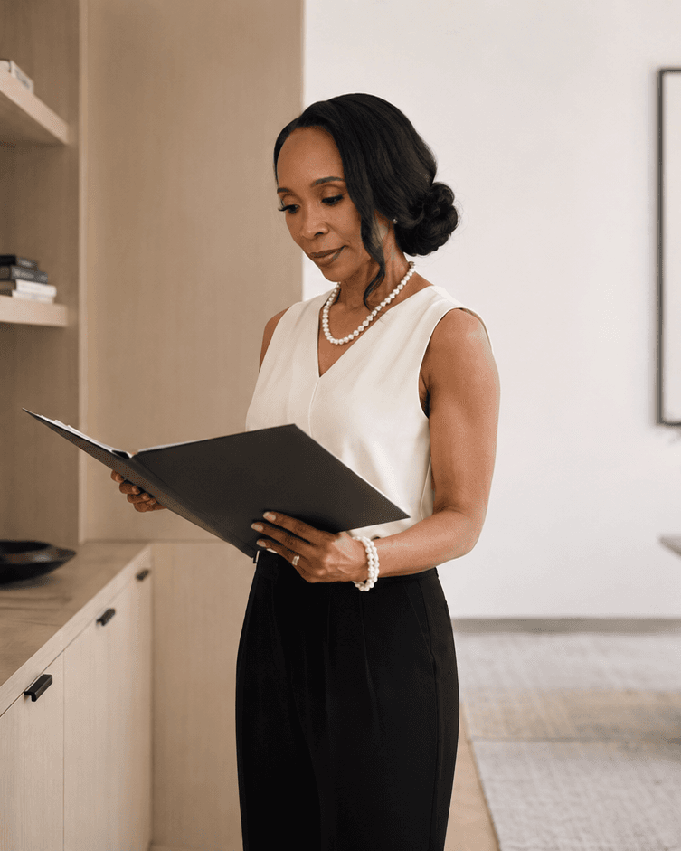 Monica Washington Rothbaum reviewing a file in her office