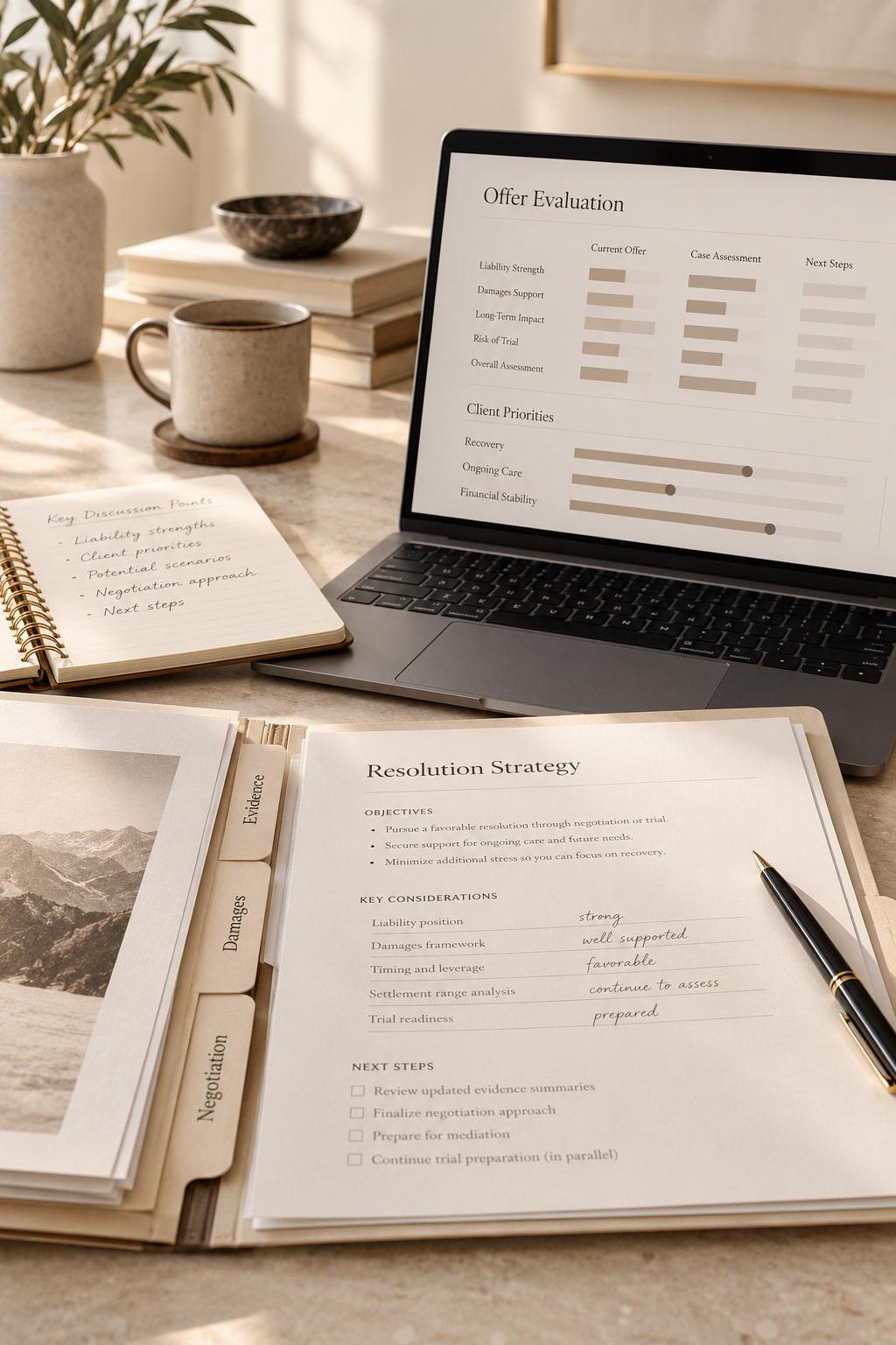 A resolution strategy in a case file beside a laptop showing an offer evaluation