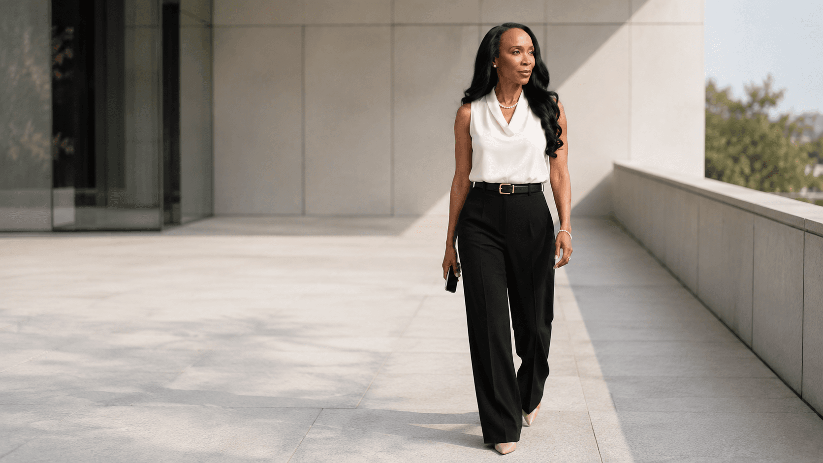 Monica Washington Rothbaum walking along a sunlit terrace