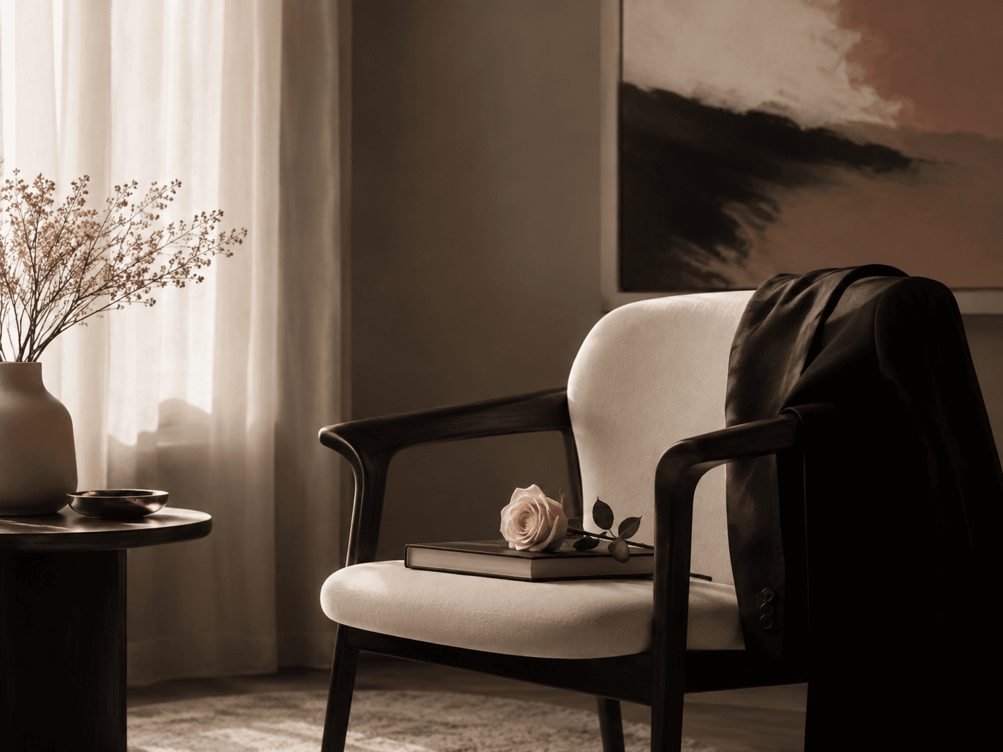 An empty armchair with a single rose resting on a book