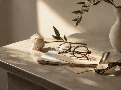 Reading glasses resting on papers in soft window light