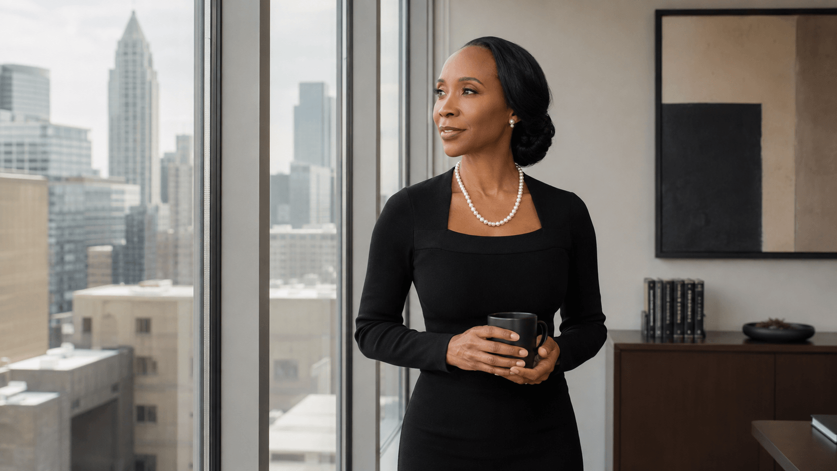 Monica Washington Rothbaum looking out over the city from an office window
