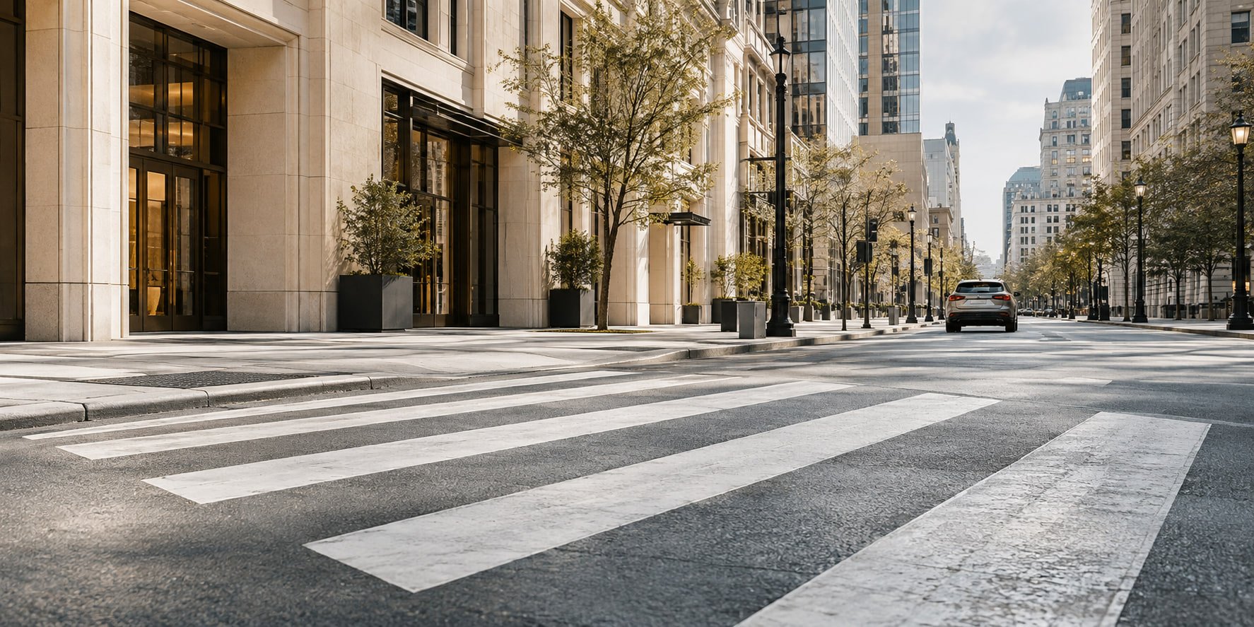 An empty crosswalk on a quiet city street in morning light