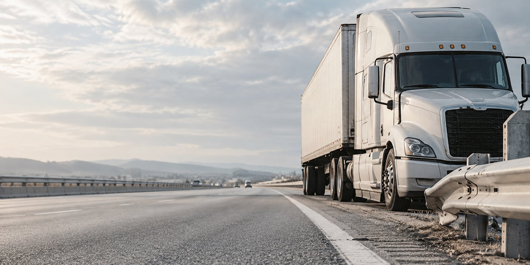 A white semi-truck stopped by a guardrail on an open highway