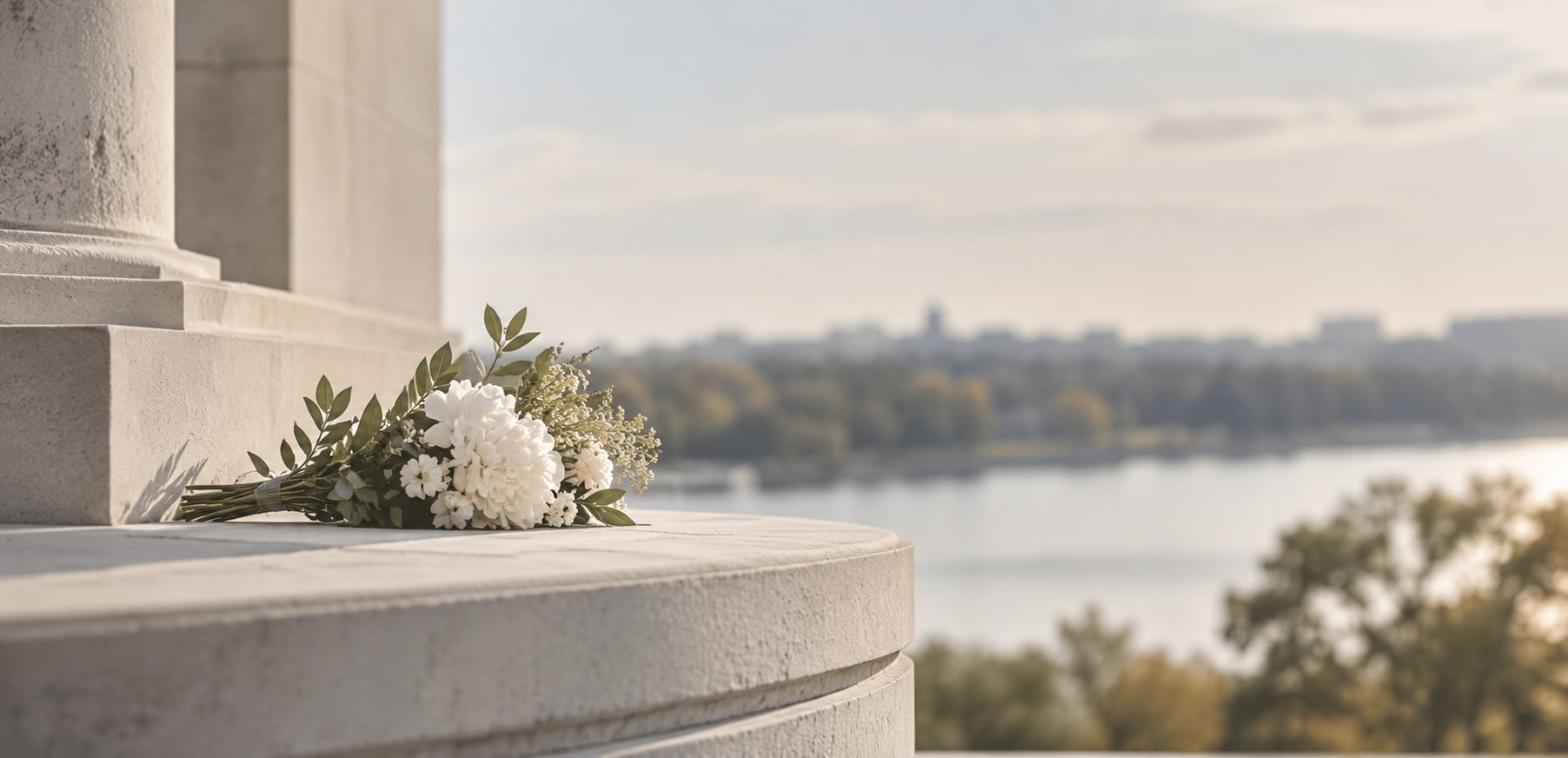 White flowers resting on a stone ledge above a river