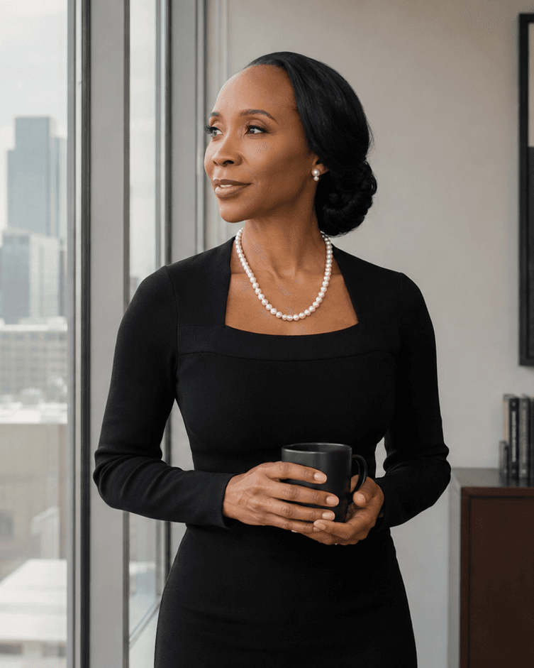 Monica Washington Rothbaum by an office window, holding a cup of coffee