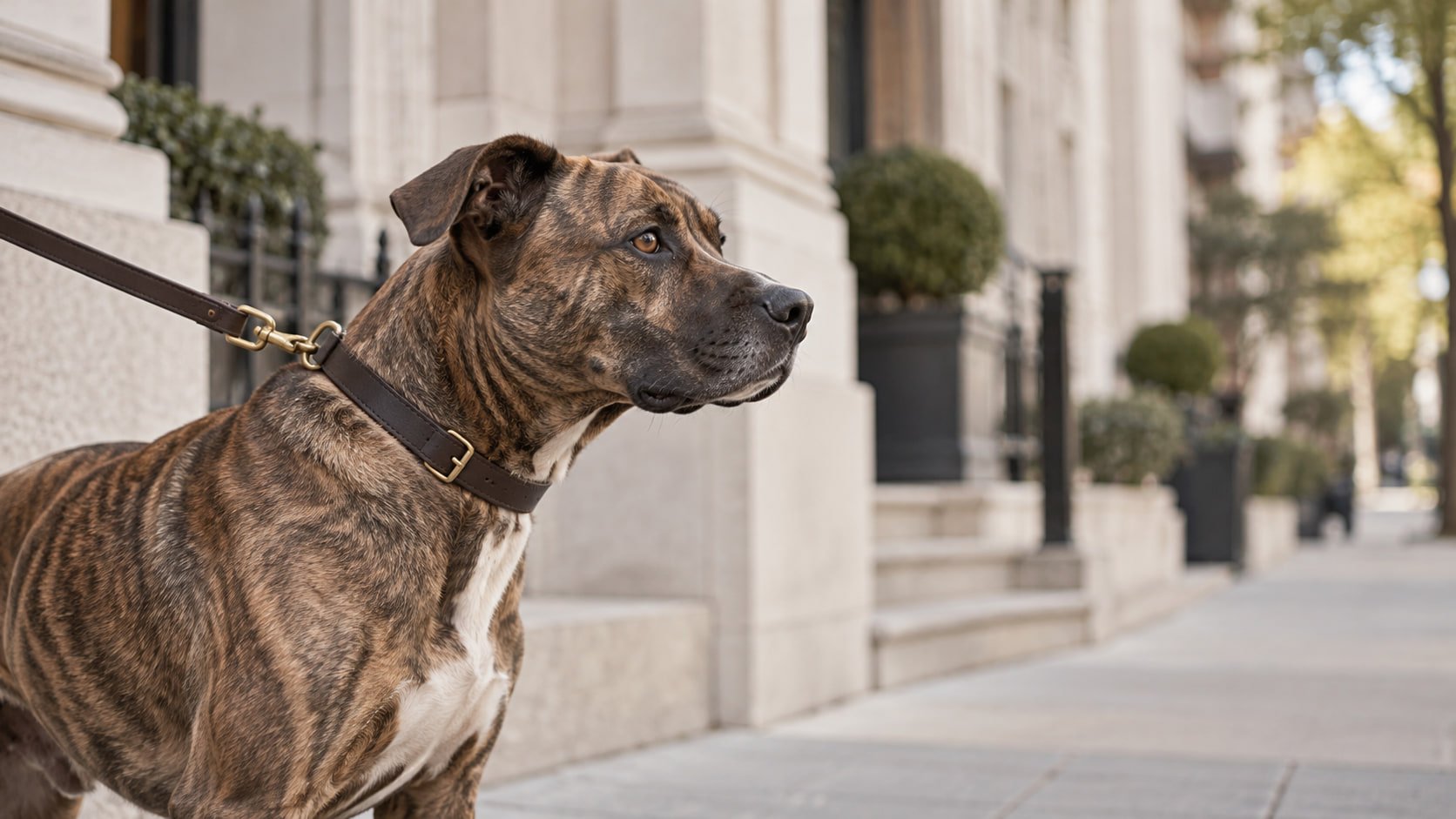 A brindle dog on a leash on a city sidewalk