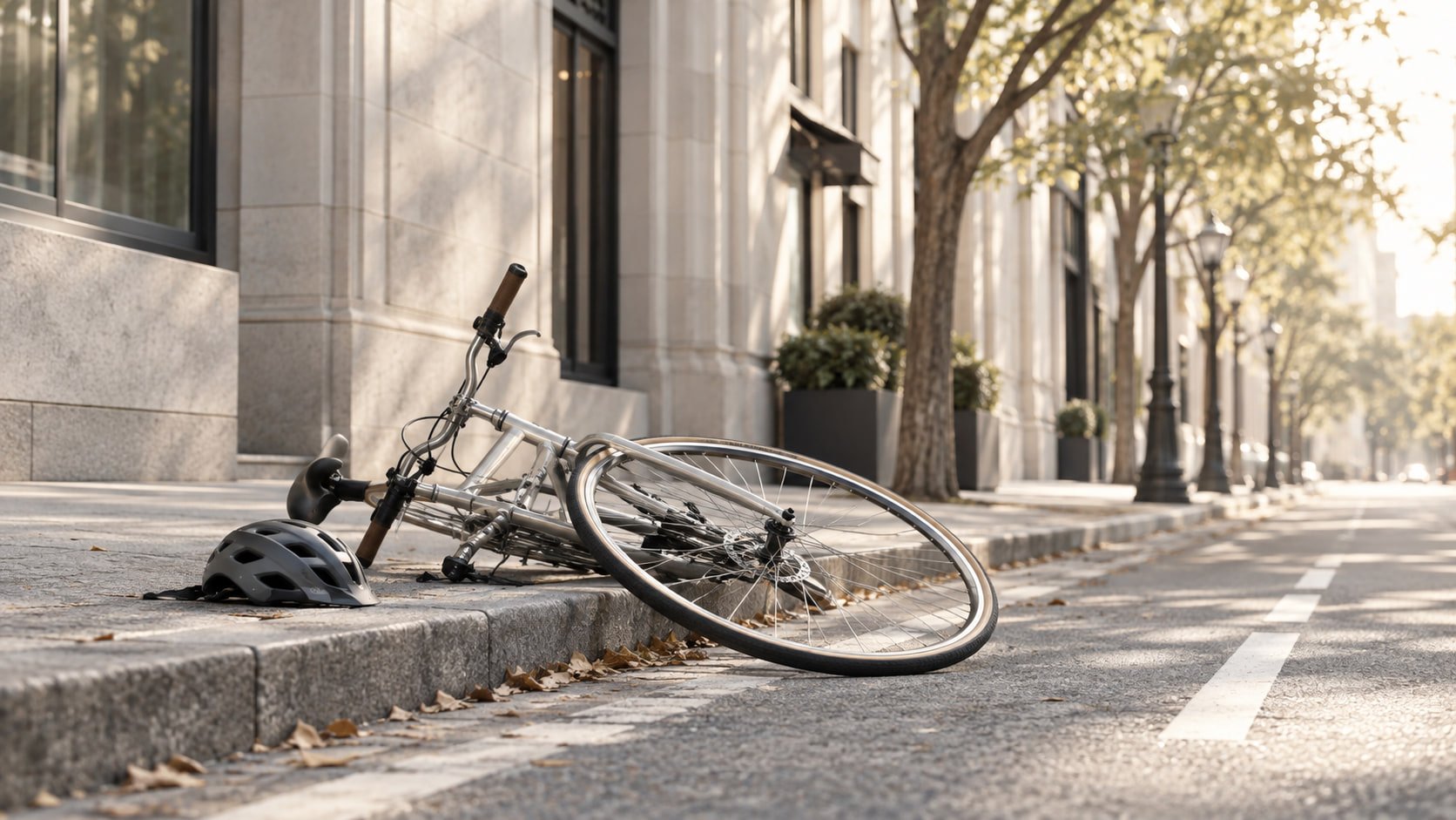 A bicycle and helmet lying in a city bike lane