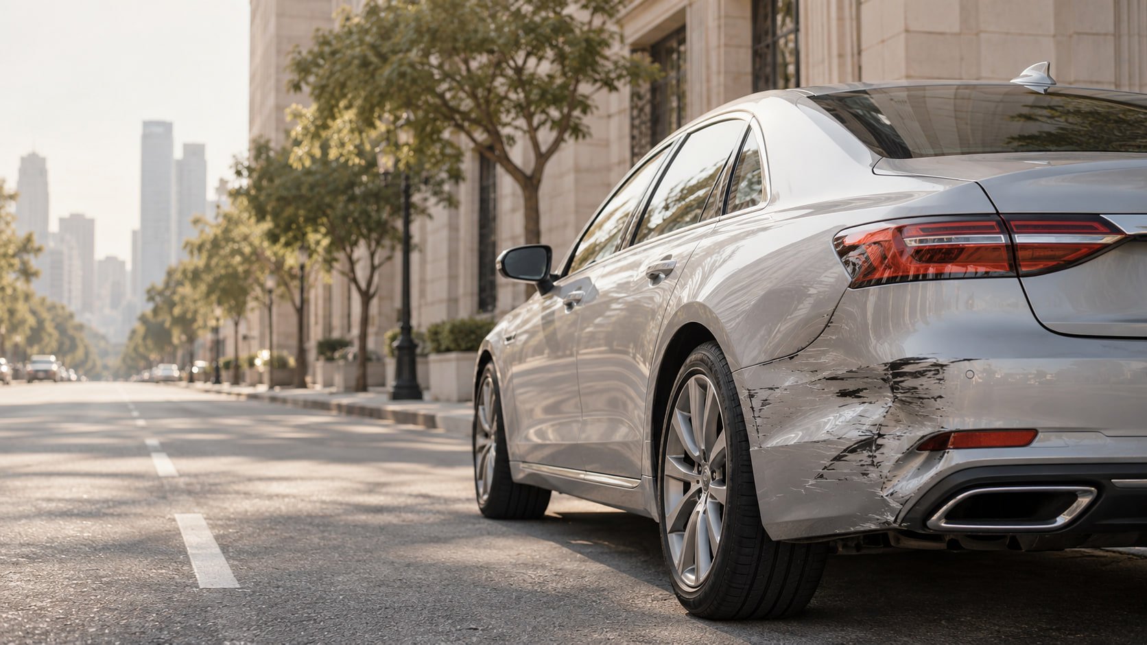 A silver sedan with a dented rear door parked on a quiet city street
