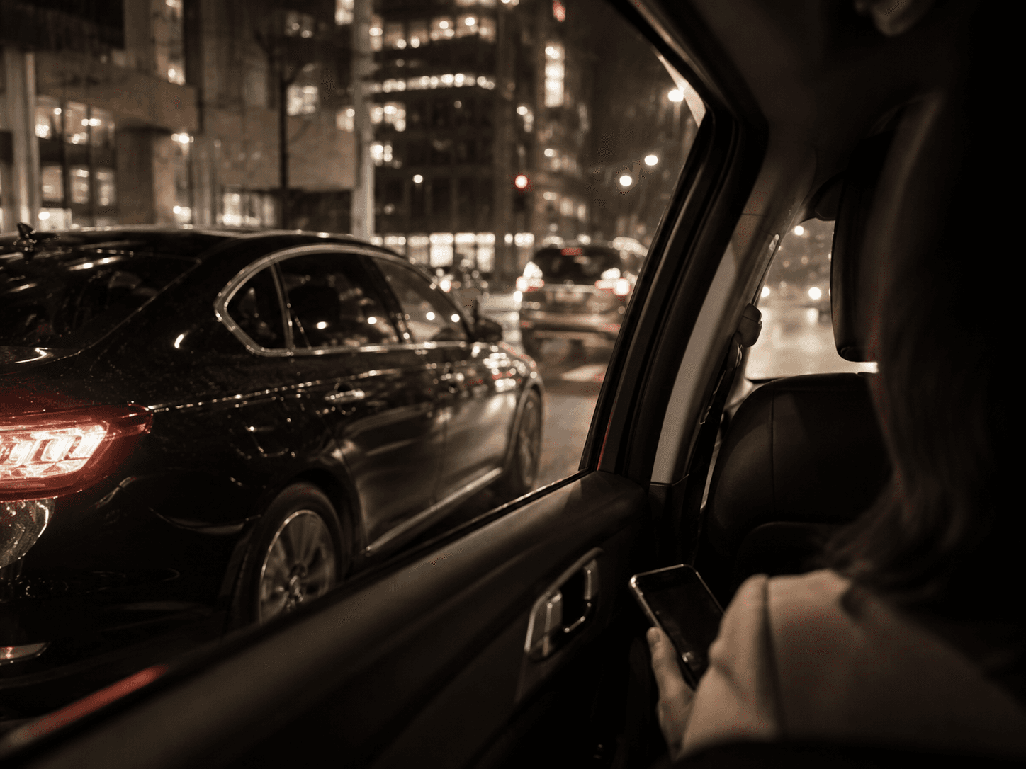 Night traffic seen from the back seat of a car