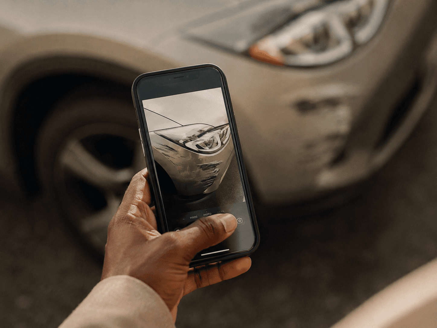 A phone photographing damage to a car