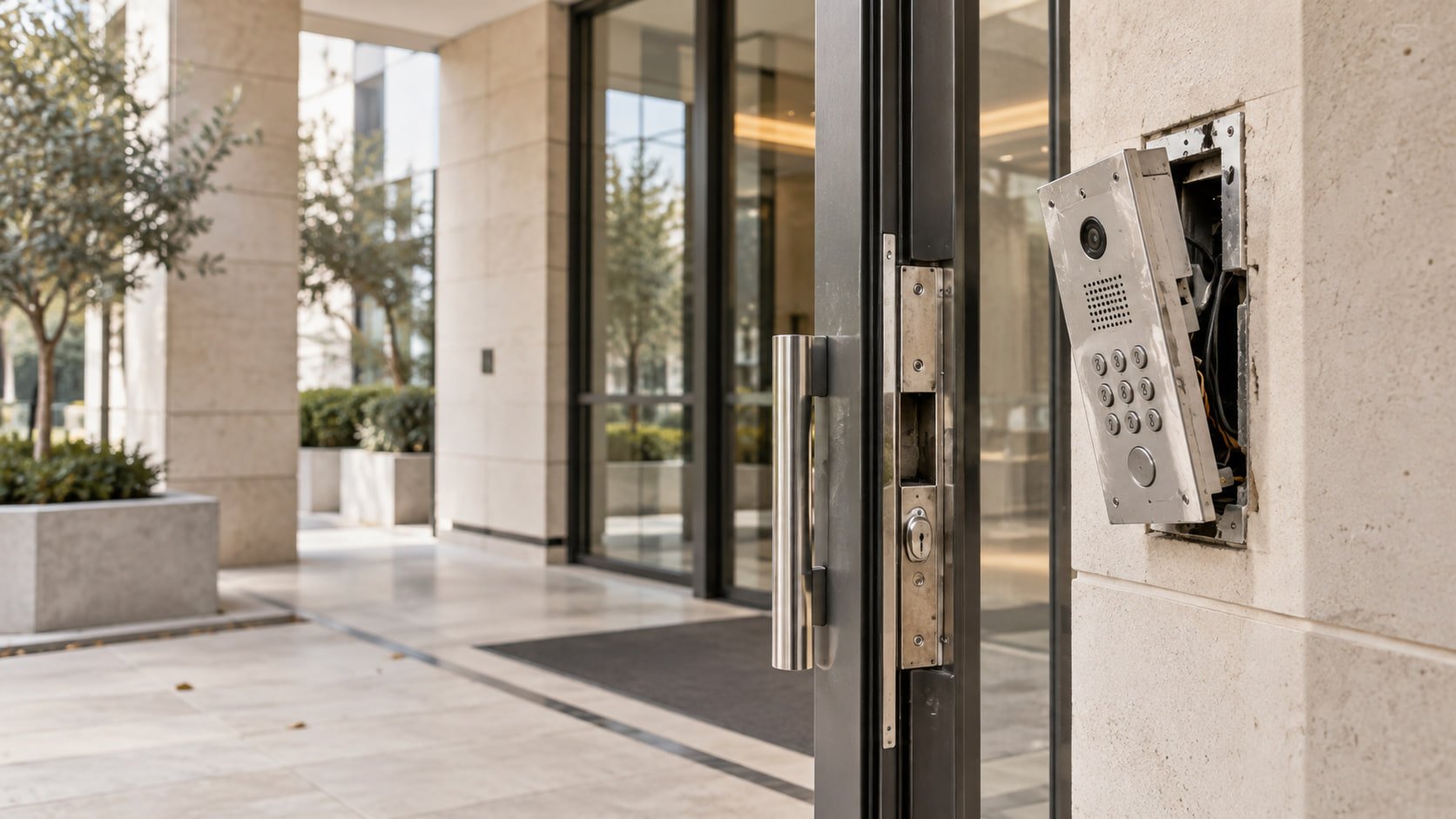 A keypad lock pried away from the wall beside a glass entrance door