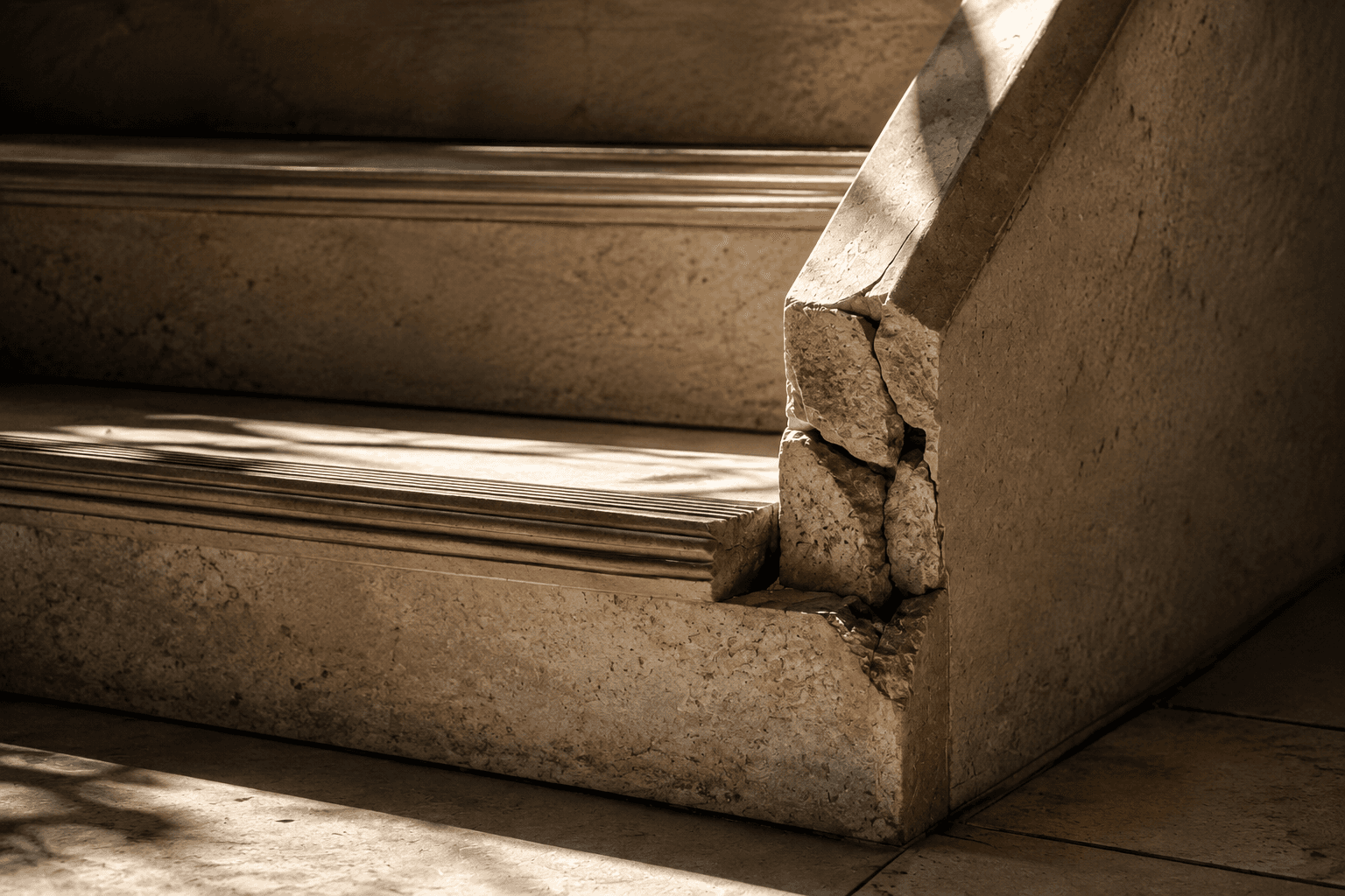A cracked stone stair edge