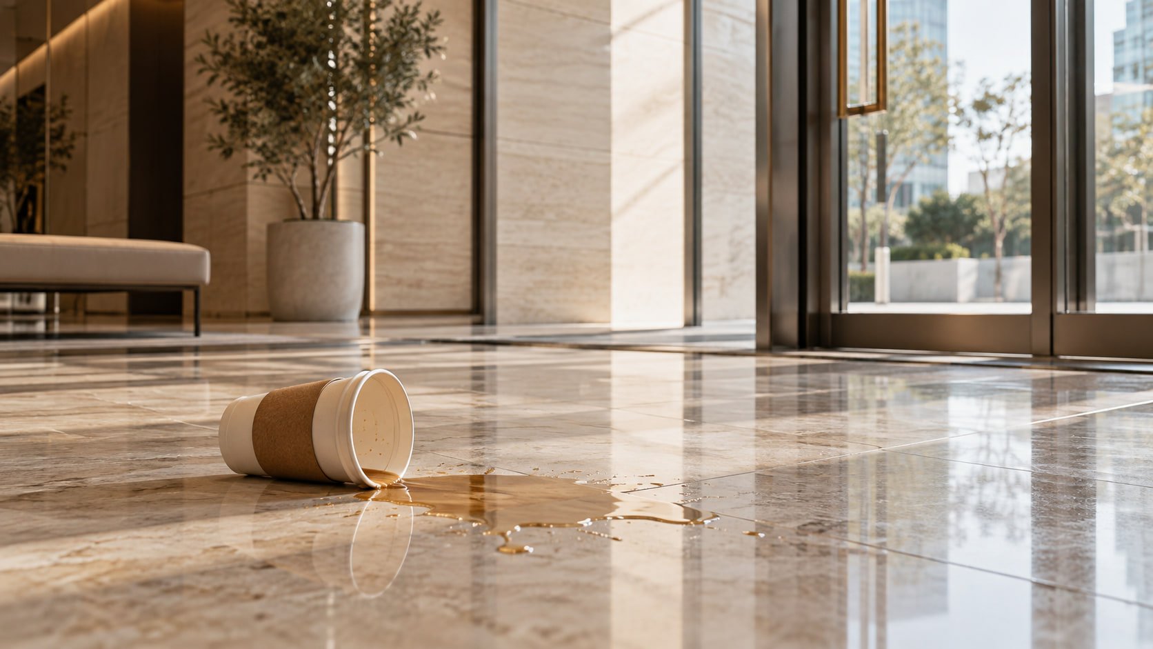 A tipped-over coffee cup and spill on a polished lobby floor