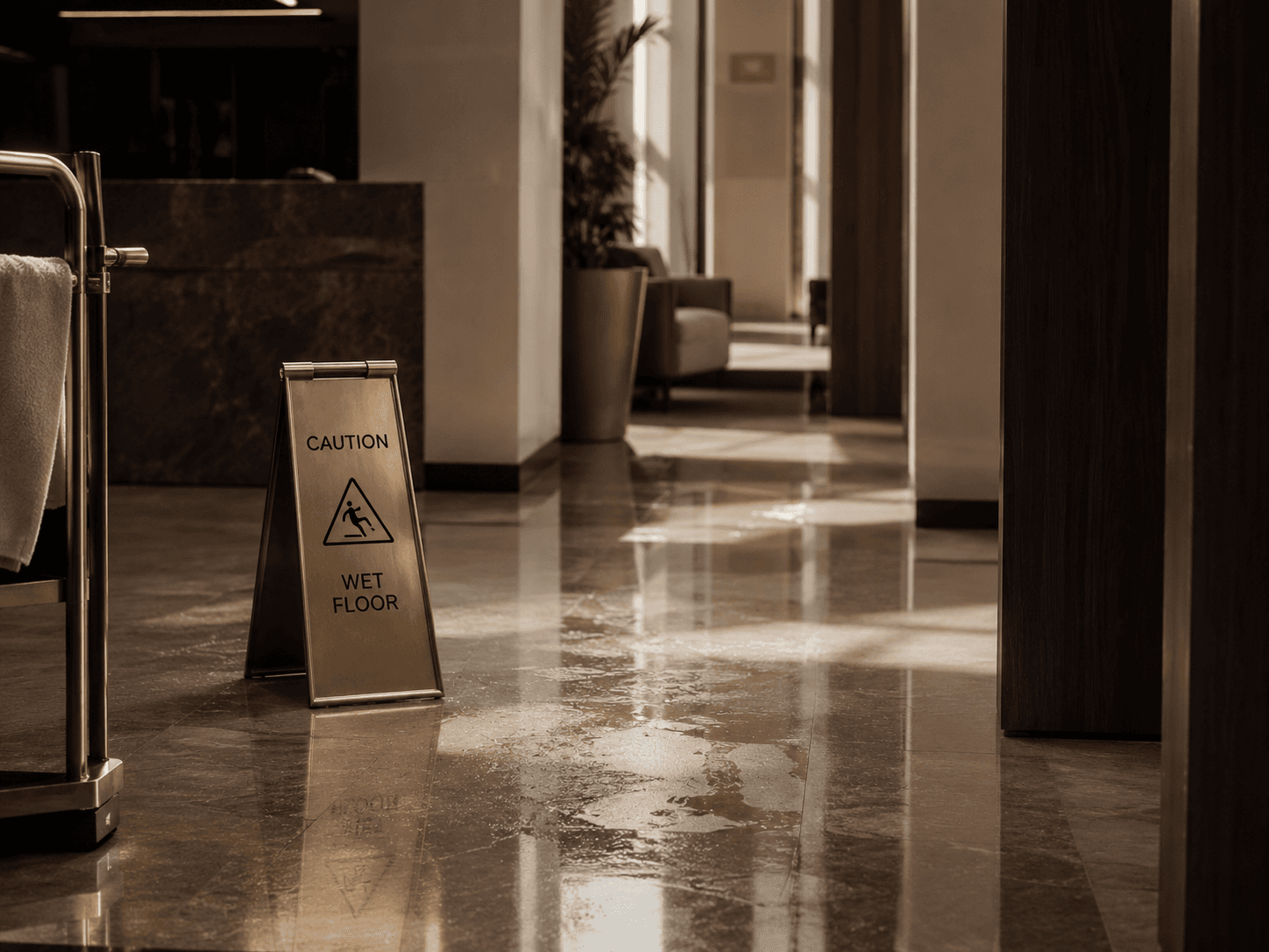 A wet floor sign in a polished marble lobby